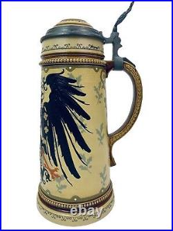 Mettlach 2204 Antique German Beer Stein 1L Imperial Eagle EXCELLENT