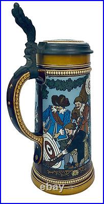 Mettlach 2599 Antique German Beer Stein Marksman Target Shooting Quidenus 1 L