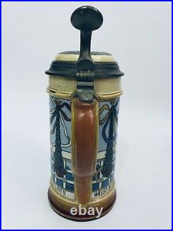 Mettlach 2939 Antique German Beer Stein Barmaid. 5 Liter Gift with handle repair