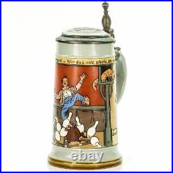 Mettlach #2959 Antique German Etched Beer Stein Lidded Mug Bowling ca. 1897