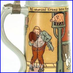 Mettlach #2959 Antique German Etched Beer Stein Lidded Mug Bowling ca. 1897