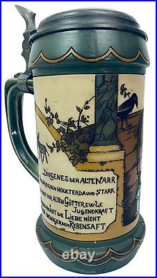 Mettlach 3089 1L Antique German Beer Stein Diogenes Philosophy Cynicism Schlitt