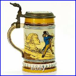 Mettlach Antique Etched German Inlaid Lidded Mug Beer Stein Musician Nile 1132