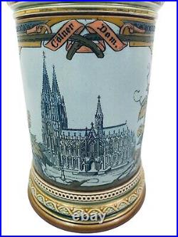 Mettlach Antique German Beer Stein 1915 Cologne Cathedral Christian Warth. 5L