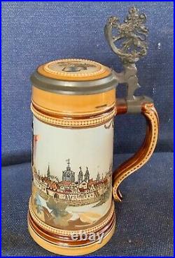 Mettlach Antique German Beer Stein #2585 1/2 Liter Munich Child on World Globe