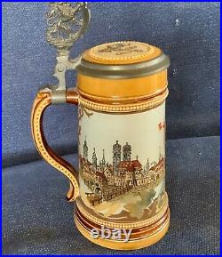 Mettlach Antique German Beer Stein #2585 1/2 Liter Munich Child on World Globe