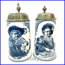Mettlach Antique German Delft Style Beer Stein Lot 5013 5006.5L Gift Blue White