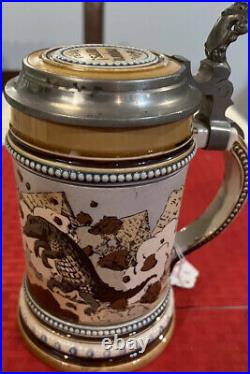 Mettlach Etched German Inlaid Lidded Beer Stein, Musician On Nile #1132, C. 1900