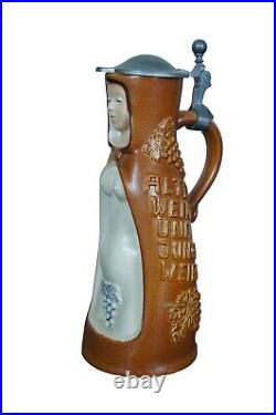 Mid Century King Stoneware Wine Witch Nude German Lidded Beer Stein Carafe 10