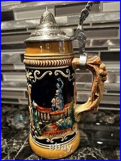 Munchen Bavaria Lidded Beer Stein Embossed Hand Painted German Mug