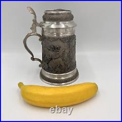 Munzel Koblenz German Pewter Hunter Scene Beer Stein Elk Deer Pheasant 3D Relief