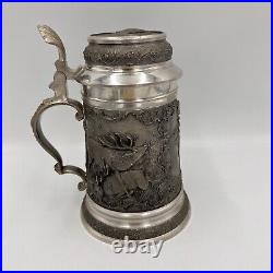 Munzel Koblenz German Pewter Hunter Scene Beer Stein Elk Deer Pheasant 3D Relief