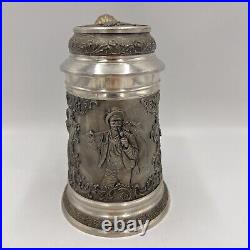 Munzel Koblenz German Pewter Hunter Scene Beer Stein Elk Deer Pheasant 3D Relief