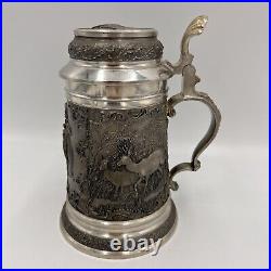 Munzel Koblenz German Pewter Hunter Scene Beer Stein Elk Deer Pheasant 3D Relief