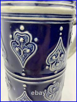Original Gerzit Gerz German Beer Stein Pewter Lidded Cobalt Blue Spades Motif