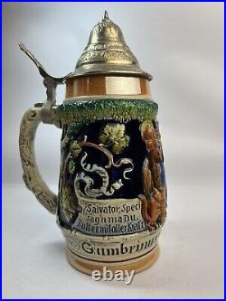 Original King German Lidded Beer Stein Gumbrinus Und St. Salvator With Handle