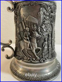 Ornate German Beer Stein, 10.5 inch Pitcher Pewter Lid Hand Engraved