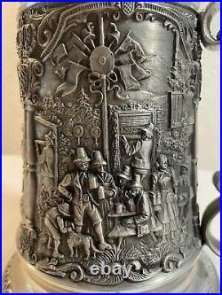 Ornate German Beer Stein, 10.5 inch Pitcher Pewter Lid Hand Engraved