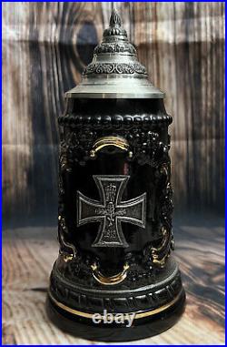 Pewter Cross Military German Beer Stein King 3 Rare Collectible Made in Germany