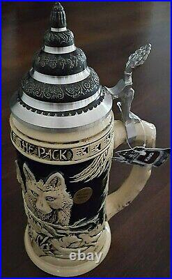 Power of the Pack Wolf White German Beer Stein Pewter Made in Germany Mug RARE