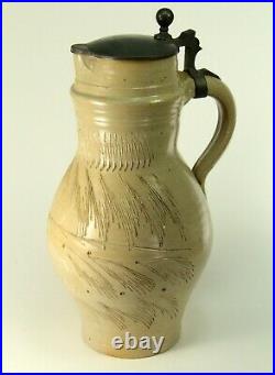 RARE 1700's Westerwald German Salt-Glazed Stoneware Sgraffito Stein Pewter Lid