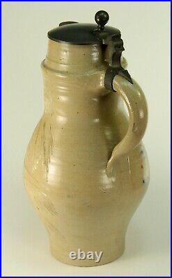 RARE 1700's Westerwald German Salt-Glazed Stoneware Sgraffito Stein Pewter Lid