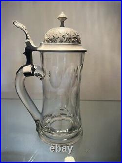 RARE Antique German Glass Beer Stein. Decorated Metal Lid. 9.5 Tall. Old