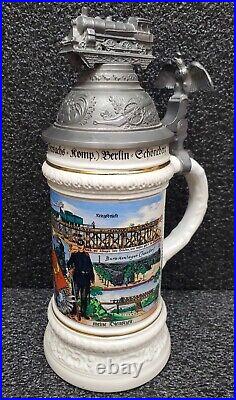 RARE Train Engine Beer Stein, German WW1 Porcelain VINTAGE