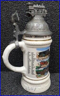 RARE Train Engine Beer Stein, German WW1 Porcelain VINTAGE