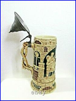 RARE VINTAGE GERMAN Ceramic Beer Stein 9 Tall With Pewter Lid Made in Germany