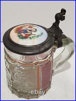 Rare 1870s German Gambrinus Painted Glass Beer Stein Mug Porcelain Painted Lid