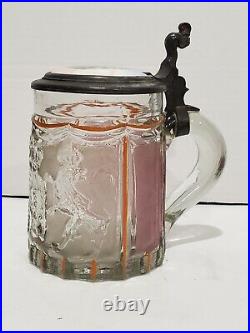 Rare 1870s German Gambrinus Painted Glass Beer Stein Mug Porcelain Painted Lid