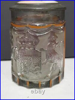 Rare 1870s German Gambrinus Painted Glass Beer Stein Mug Porcelain Painted Lid