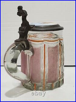 Rare 1870s German Gambrinus Painted Glass Beer Stein Mug Porcelain Painted Lid