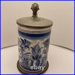 Rare Antique German Faience Stoneware with Pewter Lid Beer Stein Blue White Brown