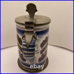 Rare Antique German Faience Stoneware with Pewter Lid Beer Stein Blue White Brown