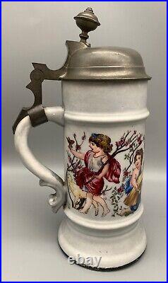 ° Rare Antique Porcelain Beer Stein Hand Painted four seasons withLithophane 1893