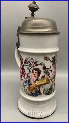 ° Rare Antique Porcelain Beer Stein Hand Painted four seasons withLithophane 1893