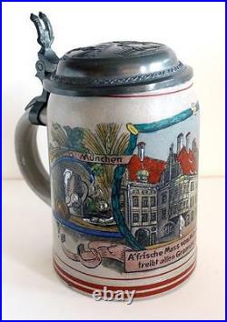 Rare German Saltglaze Beer Stein Munich -hb (marzi-remy) With Pewter LID