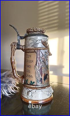 Rare German old hunting jug from JP Thewalt Stein Antique beer stein tin lid 9