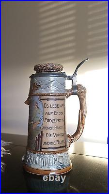 Rare German old hunting jug from JP Thewalt Stein Antique beer stein tin lid 9