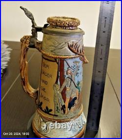 Rare German old hunting jug from JP Thewalt Stein Antique beer stein tin lid 9