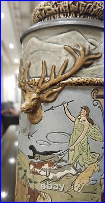 Rare German old hunting jug from JP Thewalt Stein Antique beer stein tin lid 9