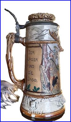 Rare German old hunting jug from JP Thewalt Stein Antique beer stein tin lid 9