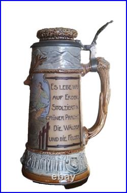 Rare German old hunting jug from JP Thewalt Stein Antique beer stein tin lid 9