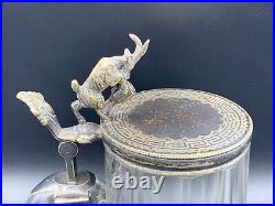 Rare Old German Cut Glass Bear Stein Tankard Silver Plate Ram Figurine Top Lid