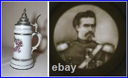 Rare antique German general porcelain lithophane litho pewter lidded beer stein