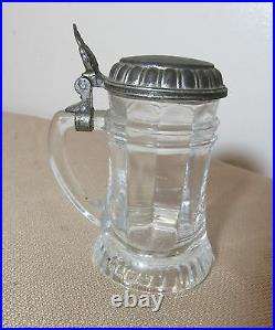 Rare antique miniature mini German glass pewter lidded beer stein mug tankard