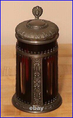 Ruby cut to clear antique German glass & pewter beer stein 1/2 liter