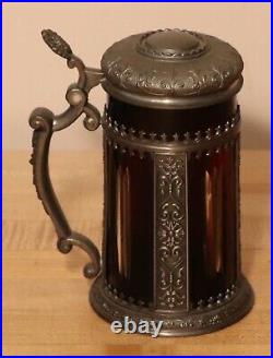 Ruby cut to clear antique German glass & pewter beer stein 1/2 liter